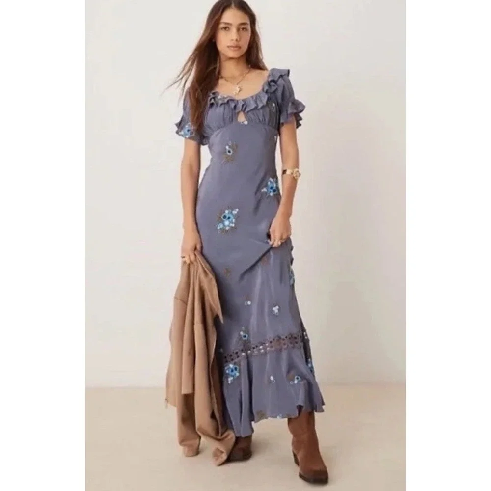 FREE PEOPLE Floral Embroidered Bali Santa Cruz Ruffle Maxi Dress L NWT